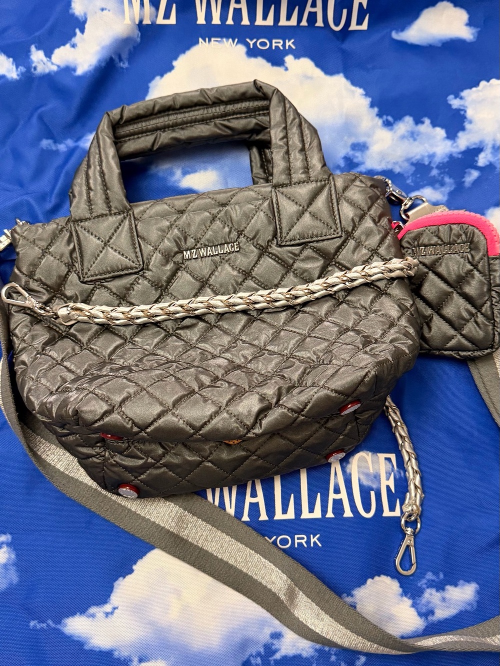 MZ Wallace Quilted Black Shoulder Bag with Pink-Accent Pouch